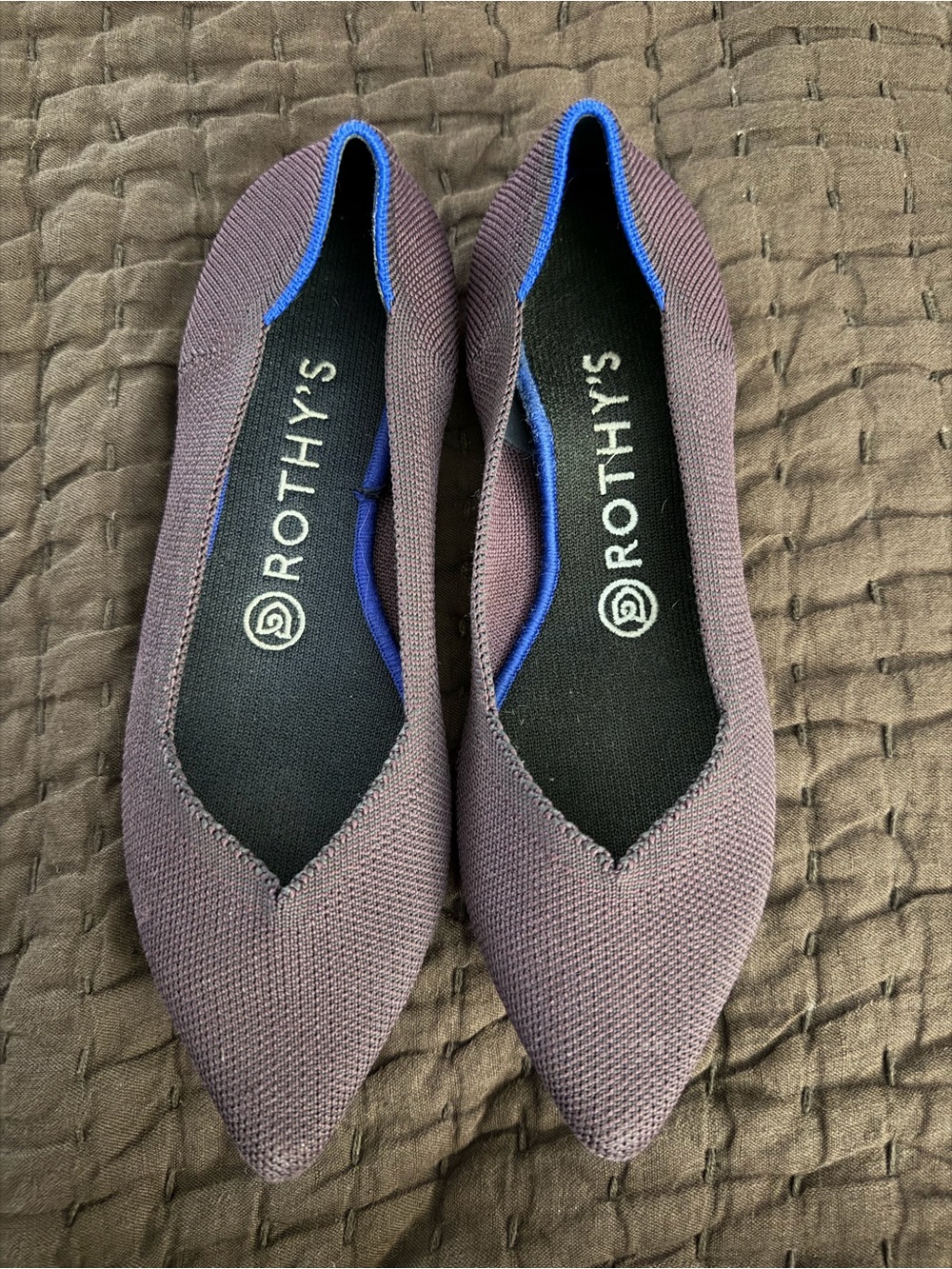 Rothy's Plum Pointed Knit Flats with Blue Trim